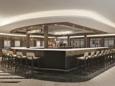 Rendering der modernen A-List Bar an Bord der Norwegian Encore. Eine U-förmige Bar mit Hockern, Flaschen und eleganter Innenarchitektur.