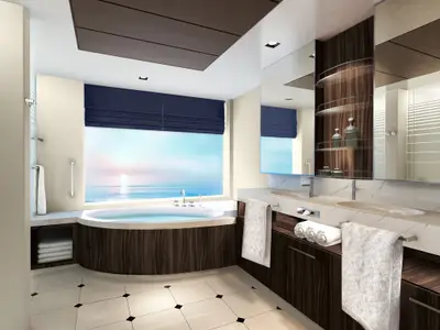 Ein gerendertes Bild eines modernen Badezimmers mit Badewanne, Doppelwaschtisch und Meerblick bei Sonnenuntergang an Bord der Norwegian Encore. Helle Fliesen, dunkle Holzmöbel und weiße Handtücher prägen den Raum.