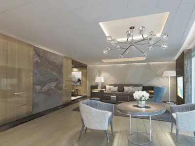 Gerendertes Wohnzimmer einer Suite an Bord der Norwegian Encore. Luxuriöser Kronleuchter, Tisch mit Blumen, Sessel, Sofa, Holz- und Marmorwände.