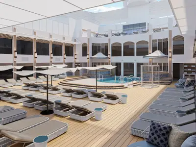 Blick auf den exklusiven Poolbereich The Haven Courtyard an Bord der Norwegian Epic. Zahlreiche moderne Liegestühle und Schirme umgeben einen Pool unter einem lichtdurchfluteten Dach.