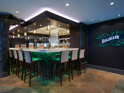 Innenansicht der Sugarcane Mojito Bar an Bord der Norwegian Escape. Langer Tresen mit Barhockern. Grüne Blattdeko und Neon-Schild "SUGARCANE mojito bar". Ohne Personen.