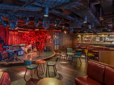 Live-Musik-Lounge an Bord der Norwegian Getaway. Links eine Bühne mit Instrumenten. Rechts ein Bar-Bereich mit Flaschen und Sitzgelegenheiten. Warm beleuchtet, einladend für Shows.