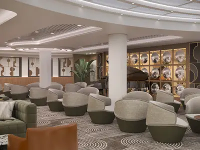 Blick in die moderne Metropolitan Bar an Bord der Norwegian Luna mit eleganten Sitzgruppen, einem Grand Piano und kunstvoller Wandgestaltung. Keine Personen sichtbar.