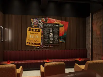 Rendering der Bar-Lounge 'Syd Norman's' an Bord der Norwegian Luna. Rote Sitzbänke, kleine Tische, Sessel und Pop-Art-Poster schmücken den Raum.