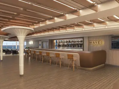 Rendering der modernen Waves Pool Bar an Bord der Norwegian Luna. Eine lange Theke mit Barhockern, beleuchtete Säulen und Meerblick durch große Fenster.