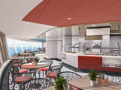 Ein Rendering des modernen Buffetrestaurants Surfside Cafe an Bord der Norwegian Luna mit grossen Fensterbereichen zum Meer, Selbstbedienungstheken und roten Akzenten.