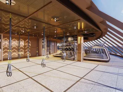 Das moderne Fitnesscenter der Norwegian Luna zeigt TRX-Bänder, Laufbänder und Hanteln. Große Fenster bieten einen weiten Meerblick und lassen viel Tageslicht herein.