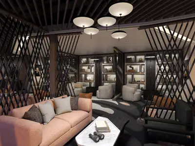 Eine moderne Lounge mit bequemen, hellen Sofas und Sesseln, hohen, dunklen Trennwänden und beleuchteten Regalen an Bord der Norwegian Luna.