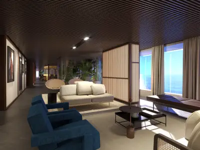Ein modernes Lounge-Interieur an Bord der Norwegian Luna mit bequemen Sitzen, Kunstwerken an den Wänden und großen Fenstern, die einen weiten Blick auf das Meer freigeben. Die Decke ist mit Holzlamellen verziert.