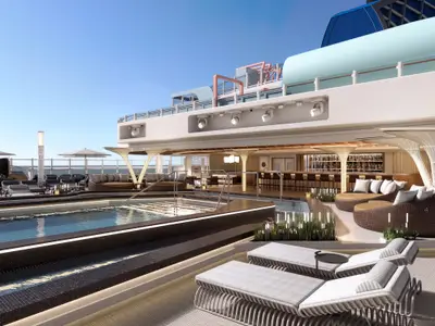 Ein Rendering zeigt den eleganten Poolbereich an Bord der Norwegian Luna. Helle Liegen, Daybeds und eine moderne Bar laden zum Entspannen unter blauem Himmel ein.