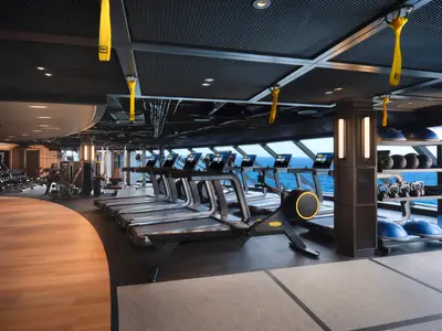 Modernes Fitnessstudio an Bord der Norwegian Prima. Zahlreiche Laufbänder und ein Rudergerät stehen vor großen Fenstern mit Meerblick. Regale mit Gewichten sind ebenfalls sichtbar.