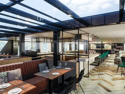 Heller Restaurant-, Bar- und Loungebereich der nickoSPIRIT. Große Fenster und ein Glasdach bieten Panoramablick auf die Flusslandschaft.