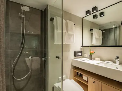Modernes Badezimmer mit begehbarer Dusche, großem Waschtisch und Spiegel.