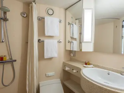 Badezimmer einer Kabine auf der Rhein Symphonie. Es zeigt Dusche, WC, Waschtisch, Spiegelschrank und Handtücher. Kompaktes Design.