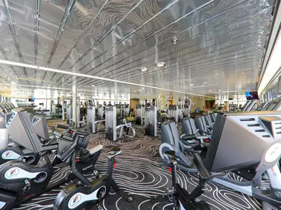 Modernes Fitnessstudio der Vasco da Gama. Zahlreiche Cardio- und Kraftgeräte, Laufbänder und Fahrräder sind sichtbar. Helle Fensterfront und gemusterte Decke.