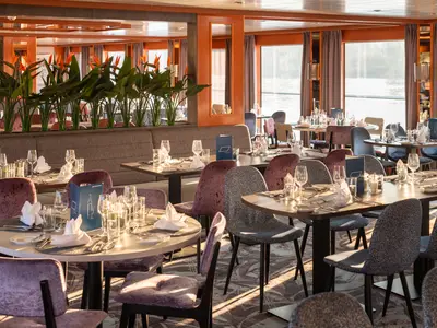 Bordrestaurant der Viktoria: Gedeckte Tische, Stühle, Pflanzenreihe. Große Fenster zeigen den Blick aufs Wasser. Helle, moderne Einrichtung des Flusskreuzfahrtschiffs.