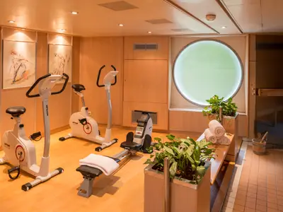 Fitness- und Saunabereich an Bord der nicko cruises Viktoria. Trainingsgeräte, Sauna, Rundfenster, Pflanzen und Handtücher prägen das helle Ambiente.