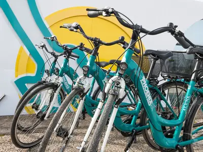 Detailansicht von mehreren teal-farbenen Fahrrädern mit weißen Gabeln, die vor einer gelb-türkisen Wand stehen. Die Fahrräder der MS Alena sind für Landausflüge bereit.