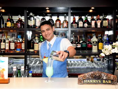 Ein lächelnder Bartender in blauer Weste mixt einen hellgrünen Cocktail an der gut bestückten Harry's Bar an Bord der MS Amadea. Viele Flaschen sind im Hintergrund zu sehen.