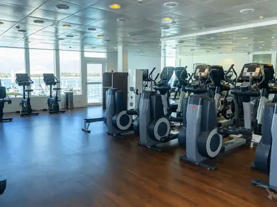 Modernes Fitnessstudio an Bord der MS Amera mit Ellipsentrainern und Fahrrädern. Große Fenster bieten Meerblick. Helle Wände, dunkler Holzboden.