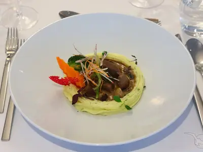 Ein Hauptgericht an Bord der MS Amina: Fleischragout, umgeben von Kartoffelpüree, garniert mit Broccoli, Karotten und Kräutern. Elegant serviert.