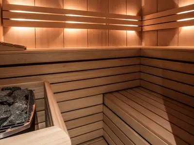 Innenansicht einer leeren Sauna an Bord der MS Andrea mit Holzverkleidung und indirekter Beleuchtung. Ein Saunaofen mit Steinen ist links unten sichtbar.