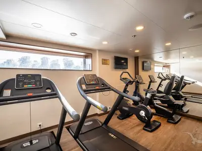 Ein helles und modernes Fitnessstudio an Bord der MS Annika. Es sind mehrere schwarze Technogym-Geräte zu sehen, darunter ein Laufband, Ergometer und Fahrräder. Ein großes Fenster bietet Ausblick nach draußen. Die rechte Wand ist verspiegelt, was den Raum grösser wirken lässt.