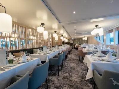 Das elegante Restaurant an Bord der MS Antonia mit vielen gedeckten Tischen, blauen Stühlen und moderner Holzvertäfelung an den Wänden. Große Fenster bieten Ausblick auf die Landschaft.