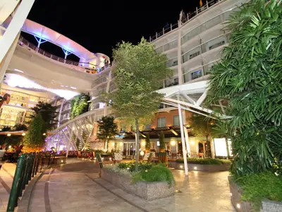 Nächtliche Szene des Central Park Bereichs auf der Allure of the Seas. Der beleuchtete Außenbereich umfasst Wege, Restaurants, üppiges Grün und die Balkone der oberen Passagierdecks.