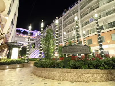 Der beleuchtete Central Park der Allure of the Seas bei Nacht. Pflanzen, Bäume, Gehwege und Kabinenbalkone sind sichtbar. Ein 'Central Park'-Schild im Vordergrund.