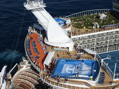 Luftaufnahme der Allure of the Seas auf See, zeigt verschiedene Attraktionen wie einen Wellensimulator, Minigolfanlage, Basketballfeld und Liegedeck mit Zip-Line-Kabel.