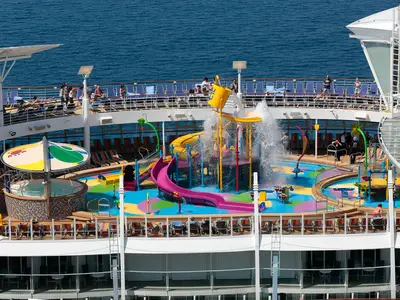Ein bunter Wasserpark auf dem Deck der Harmony of the Seas, mit Rutschen, Wasserspielplatz und vielen Sonnenliegen. Menschen entspannen, das Meer ist im Hintergrund zu sehen.