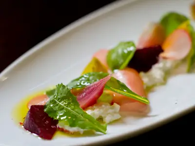Nahaufnahme eines kunstvoll angerichteten Gourmet-Salats auf einem weißen, ovalen Teller. Der Salat besteht aus Scheiben von roter und gelber Bete, rosa Radieschen, frischem Rucola und kleinen Häufchen Frischkäse. Alles ist mit Olivenöl beträufelt und leicht gewürzt. Der Hintergrund ist unscharf und dunkel.