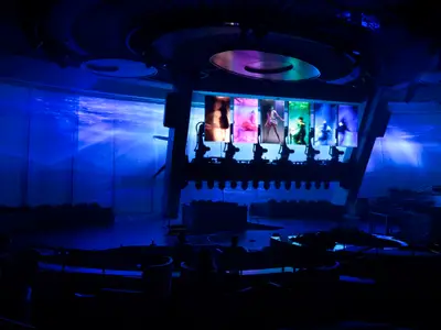 Bühne des Two70 auf der Odyssey of the Seas. Blaue Unterwasserprojektion an der Wand. Fünf Bildschirme zeigen farbige Figuren. Technik und Publikum im dunklen Vordergrund sind sichtbar.