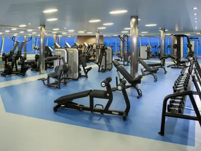 Das gut ausgestattete Fitnesscenter der Quantum of the Seas ist mit Technogym-Geräten, Hanteln und Bänken eingerichtet. Große Fenster zeigen das Meer.