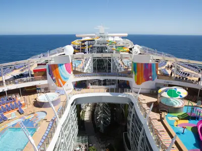 Achterdeck der Symphony of the Seas mit Pools, bunten Wasserrutschen, Liegestühlen und einem Wasserspielplatz. Im Hintergrund das weite Meer.