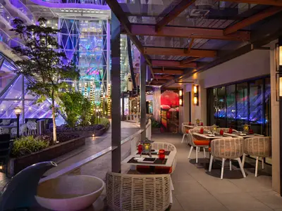 Blick auf ein japanisches Spezialitätenrestaurant mit geflochtenen Stühlen und roten Akzenten. Im Hintergrund eine beleuchtete Promenade und moderne Glasarchitektur.