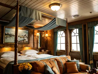 Elegante Owner Suite mit Himmelbett, Holzverkleidung und Fenstern an Bord der Sea Cloud Ii.