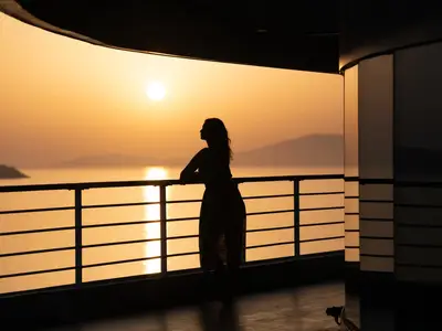 Silhouette einer Frau an der Reling an Bord der Seabourn Ovation beim Blick auf den Sonnenuntergang über dem Meer und fernen Hügeln.
