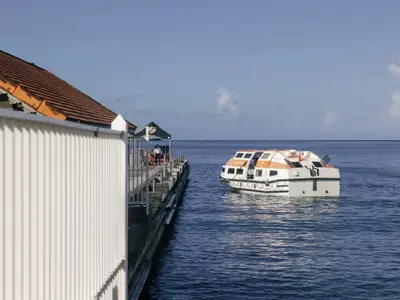 Das weiße Tenderboot der Seabourn Ovation nähert sich einer hölzernen Anlegestelle im ruhigen blauen Meer.