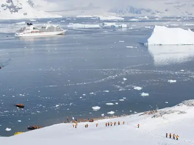 Die Seabourn Quest ankert in der Antarktis, während Passagiere mit Zodiacs zu einem Landausflug gebracht werden.