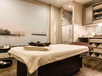 Blick in eine entspannende Spa-Behandlungskabine an Bord der Mein Schiff 3 mit einem vorbereiteten Massagetisch und einer großflächigen Wandtapete, die eine ruhige Seelandschaft mit Uferbewuchs darstellt. Rechts sind Regale mit frisch gefalteten Handtüchern und Wellness-Produkten zu sehen.
