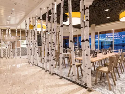 Innenansicht des Buffetrestaurants "Tag & Nacht" auf der Mein Schiff 5. Birkenstamm-Dekoration trennt den Gang von den Essbereichen mit Holztischen und Stühlen und großen Fenstern zum Meer.