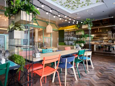 Ein helles Restaurant an Bord der Mein Schiff 7 mit einem langen Holztisch in der Mitte, umgeben von Stühlen in leuchtendem Orange, Grün und Blau. Pflanzen hängen von einem schwarzen Drahtgestell herab. Im Hintergrund sind eine offene Küche und weitere Tische zu sehen.