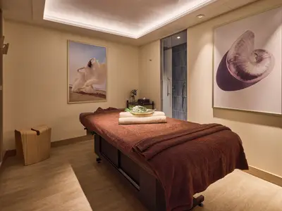 Ein luxuriöser Massageraum an Bord der Mein Schiff Flow. Eine braune Massageliege steht im Zentrum, daneben ein Duschbereich. Die Wände sind mit zwei großen Kunstwerken dekoriert.