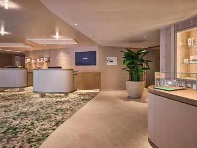 Eine helle und moderne Rezeption des Spa-Bereichs "SPA & MEER" auf der Mein Schiff Flow. Mehrere geschwungene Tresen stehen auf einem Teppich mit grünem Muster. Links ist ein "SPA & MEER"-Logo und ein Bildschirm zu sehen, rechts eine Vitrine mit Produkten und eine große Topfpflanze. Der Boden wechselt von Teppich zu Fliesen.