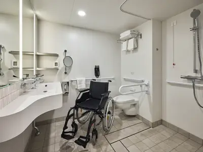 Modernes, barrierefreies Bad an Bord der Mein Schiff Relax. Es sind ein Rollstuhl, Haltegriffe an Toilette und Dusche sowie ein unterfahrbares Waschbecken zu sehen.